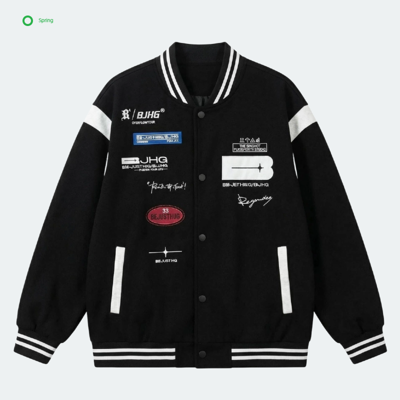 2026 American Retro Baseball Jacket Men Patchwork Sleeve Letter Patch Loose Fit Streetwear Varsity Front Spring Ready Ship