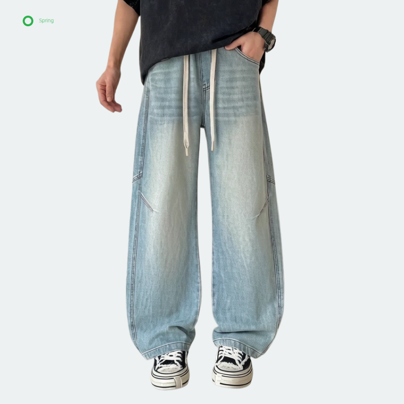 2026 Spring Men's Vintage Casual Light Blue Wash Straight Jeans Elastic Waist Drawstring Eco-Friendly Breathable Denim Pants