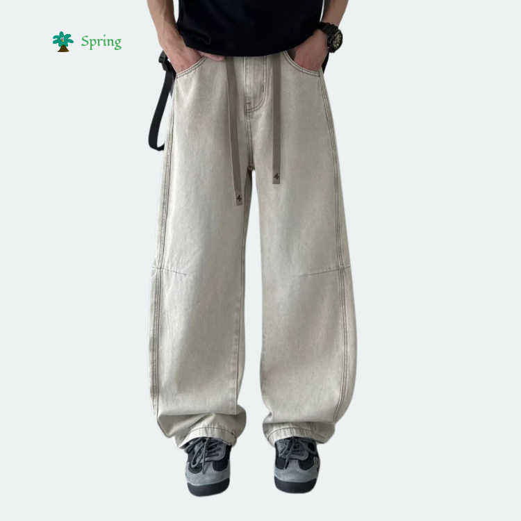 2026 Spring Teen Beige Denim Straight Leg Breathable Light Wash Casual Streetwear Pants Low MOQ