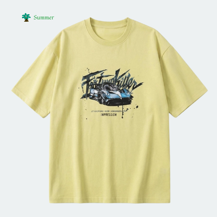 2026 Summer Teenager Sports Car Print Crew Neck Loose Woven Polyester/Cotton Casual Streetwear Short Sleeve T-Shirt