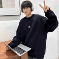 Hot Sale New Casual Fleece Knitted Crew Neck Garment Dyed Sweatshirt Solid Color Long Sleeve Loose Pullover Men Spring