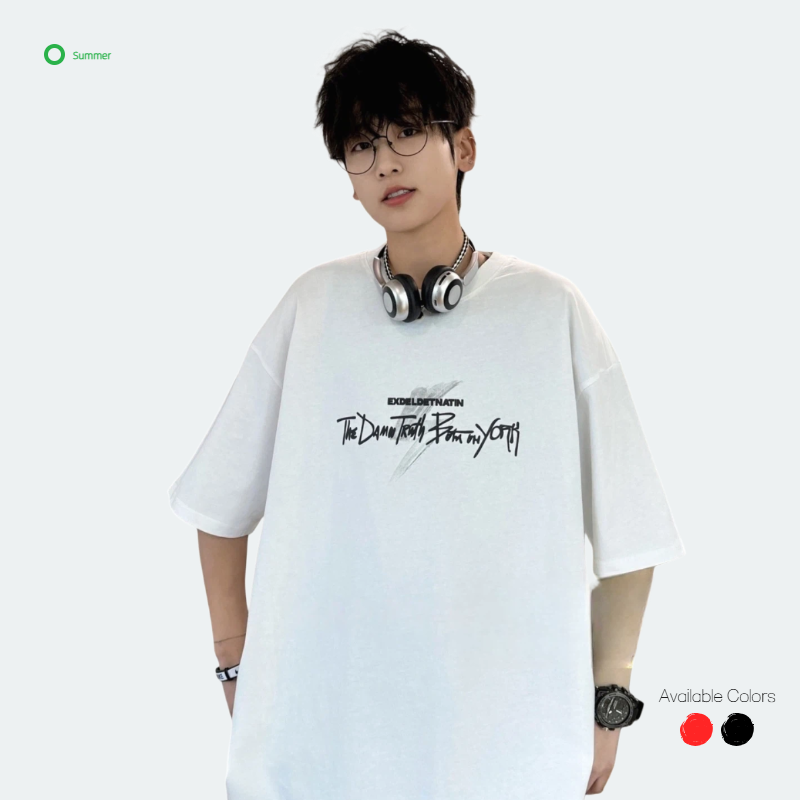Men Summer Loose Knitted Digital Print Short-Sleeve T-Shirt Polyester/Cotton Breathable Casual Front Logo 120g