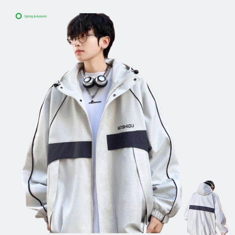 Men's Breathable Garment-Dyed Hooded Quilted Jacket Spring Casual Loose Front Logo Letter Pattern Polyester/Cotton Zipper