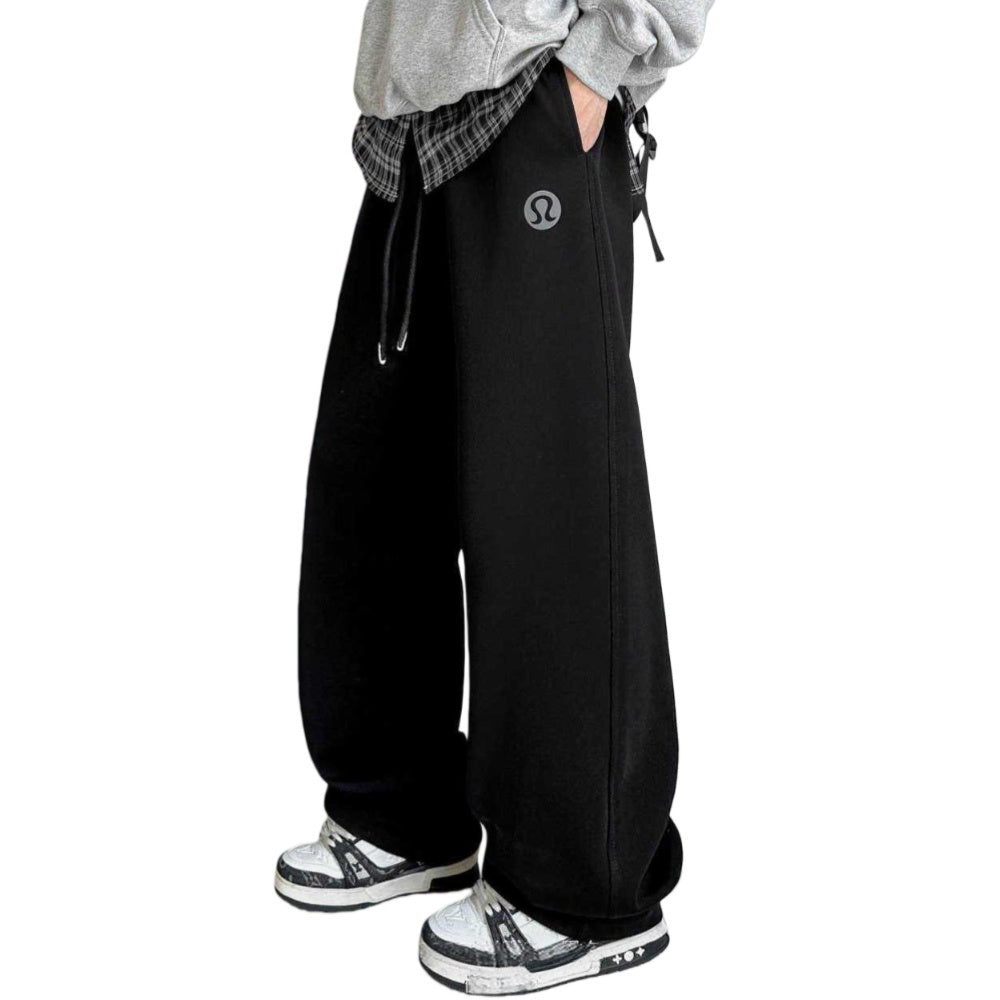 Men's Vintage Black Straight-Leg Plain Dyed Eco-Friendly Breathable Casual Loose Fashionable Solid Color Polyester/Cotton