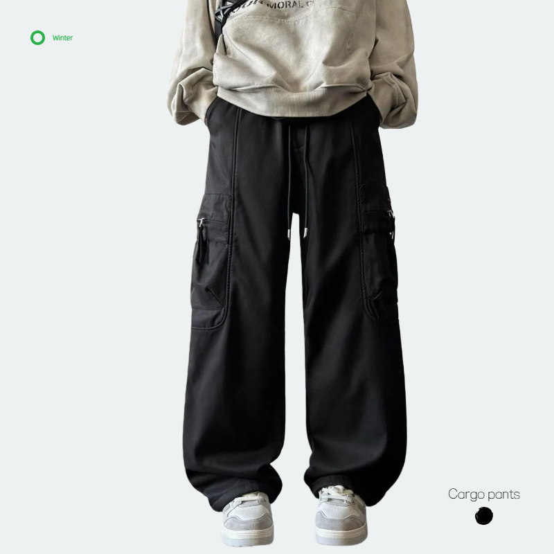 Men's Vintage Black Straight-Leg Plain Dyed Eco-Friendly Breathable Windproof Casual Loose Fashionable Solid Color Cargo Pants