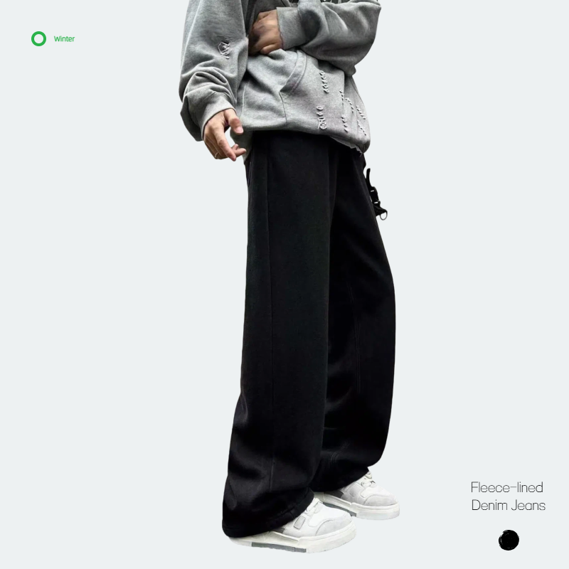 Men's Winter Mid Waist Vintage Black Straight-Leg Light Wash Denim Fleece Windproof Breathable Elegant Loose Fashionable Jeans