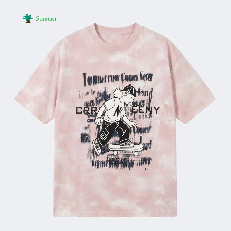 New Summer Unisex Crew-Neck Woven Printed Breathable Half Sleeve Casual Comfortable Loose Fit Regular Length Garment Dyed